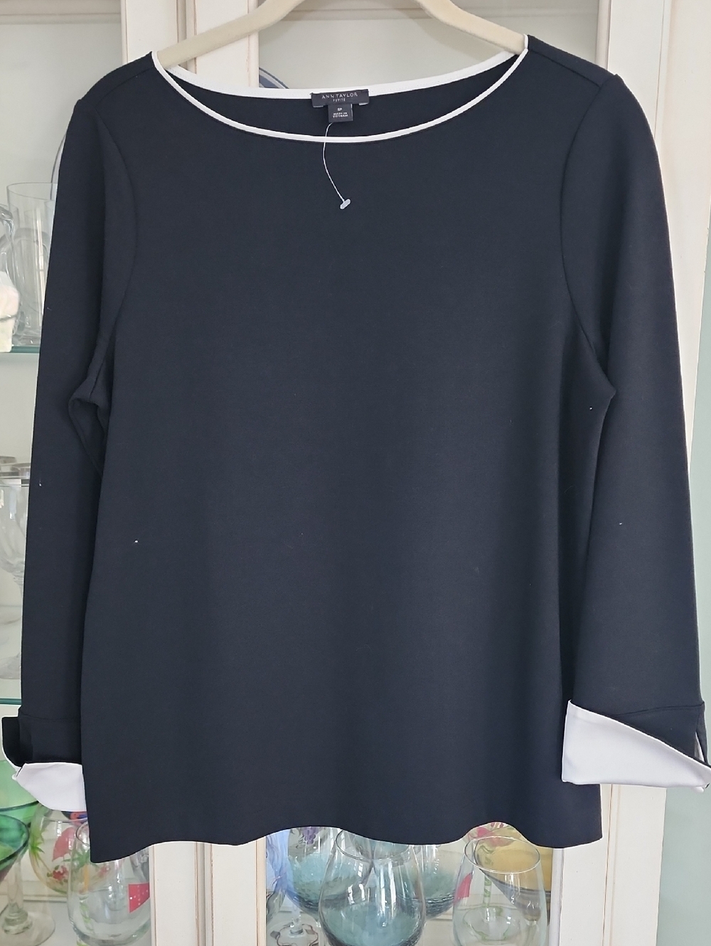 Ann Taylor Rayon Soft BLACK Long-Sleeve Dress Top with White Trim